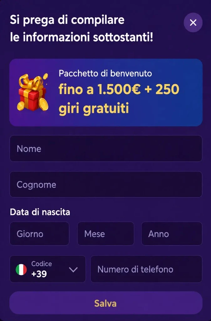 Modulo di registrazione Gambloria Casino con pacchetto di benvenuto